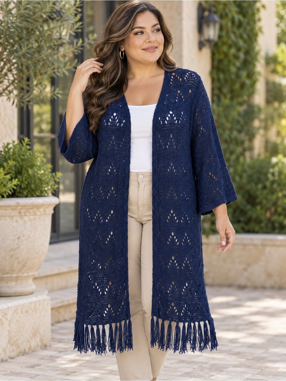Catherines Duster Cardigan Womens Navy Blue Crochet Knit Fringe NWT 3X 26/28W